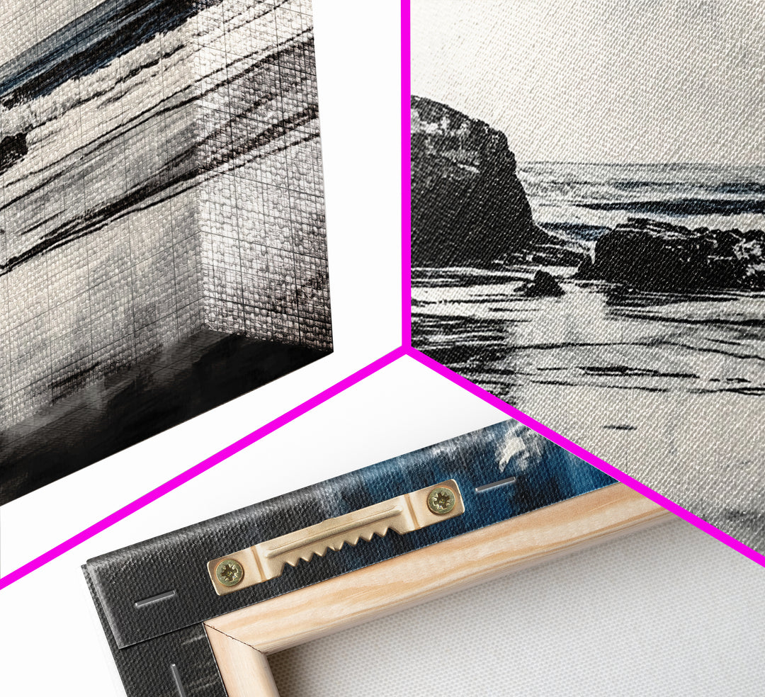 Dramatic Cliffside Painting, Ocean Wave Canvas Print, Monochrome Seascape Art, Moody Wall Decor, Coastal Artwork, Framed Canvas Print