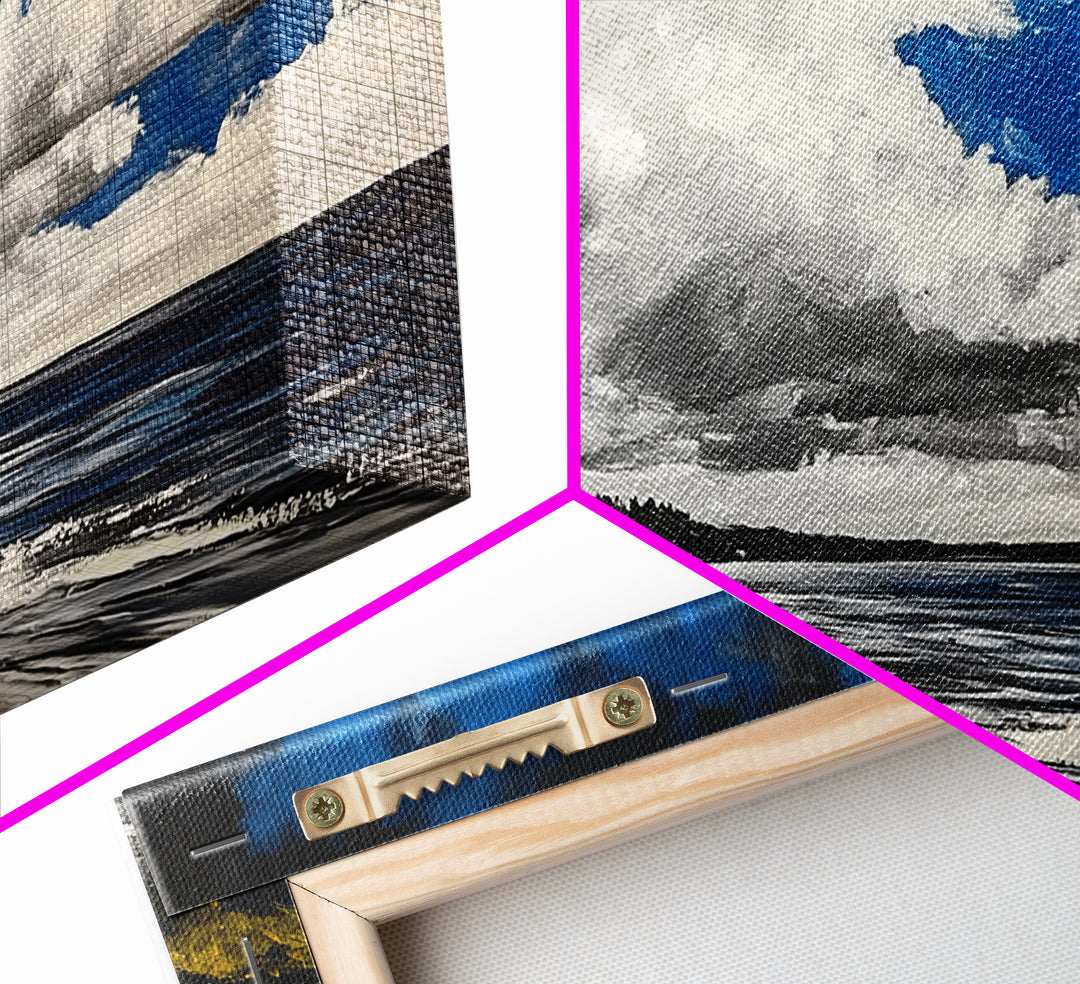 Dramatic Beach Scene, Blue Sky Canvas Print, Coastal Landscape Painting, Nature Wall Decor, Living Room Artwork, Framed Canvas Print