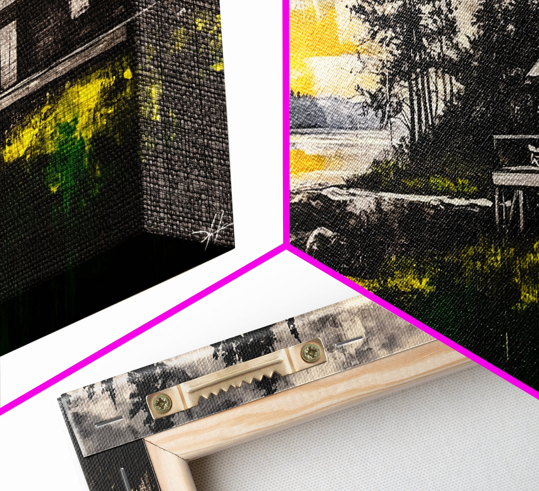 Rustic Cabin Art, Golden Sunset Canvas Print, Autumn Landscape Painting, Nature Wall Decor, Cozy Home Aesthetic, Framed Canvas Print