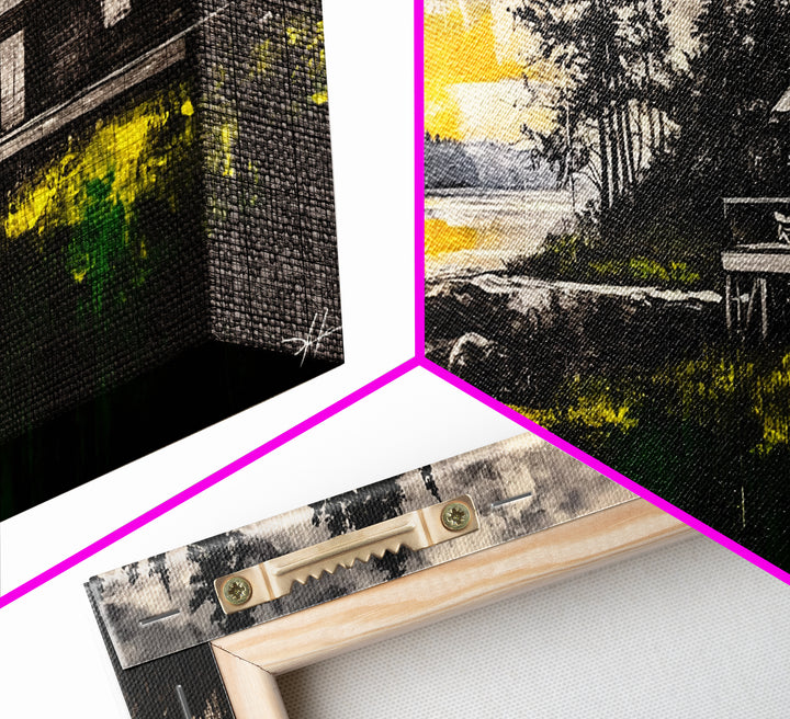 Rustic Cabin Art, Golden Sunset Canvas Print, Autumn Landscape Painting, Nature Wall Decor, Cozy Home Aesthetic, Framed Canvas Print