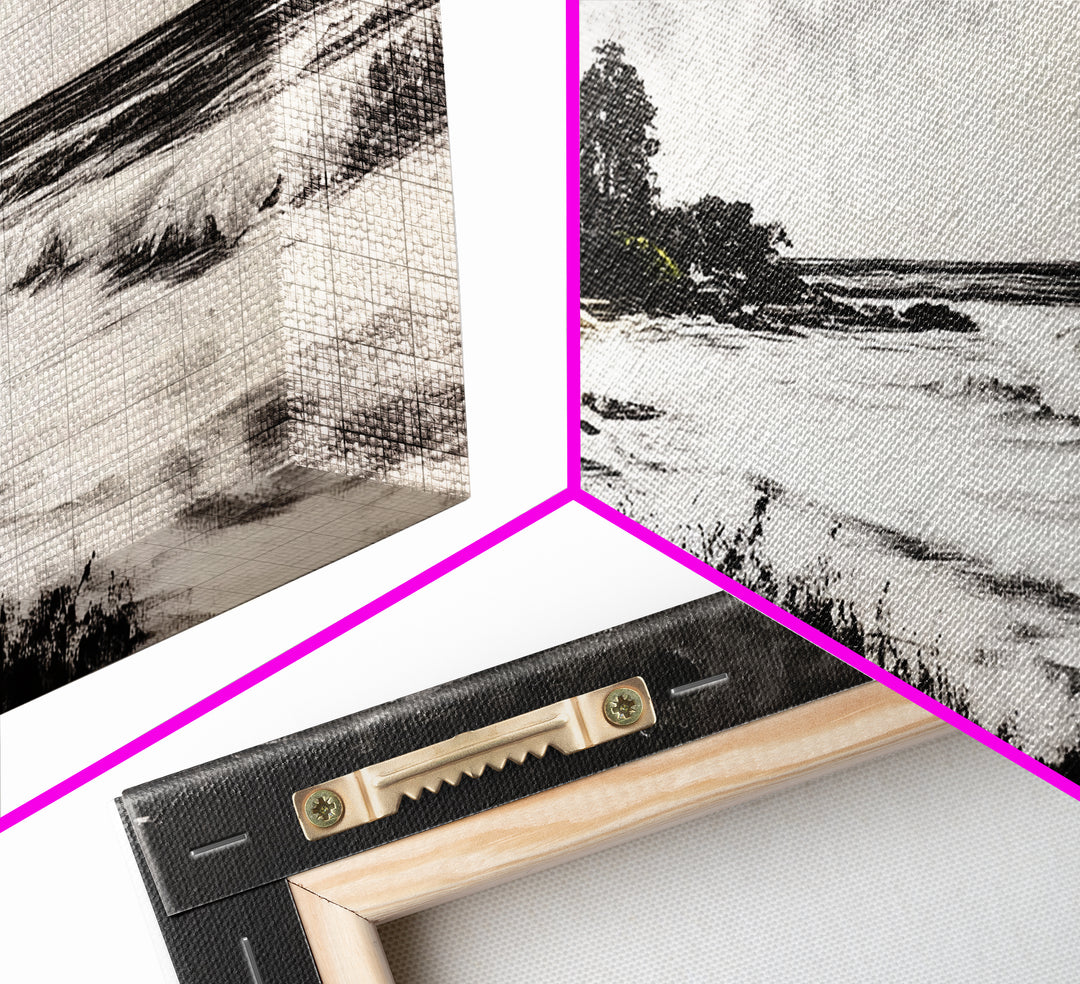 Coastal Landscape, Black and White, Framed Canvas Print, Beach House Wall Art, Nautical Decor, Ocean View Art, Minimalist Seascape