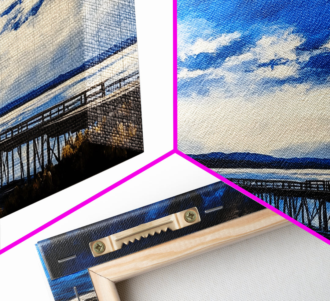 Blue Pier, Lake Scene, Stormy Sky, Framed Canvas Print, Nautical Art, Minimalist Landscape, Bedroom Wall Decor, Large Wall Art