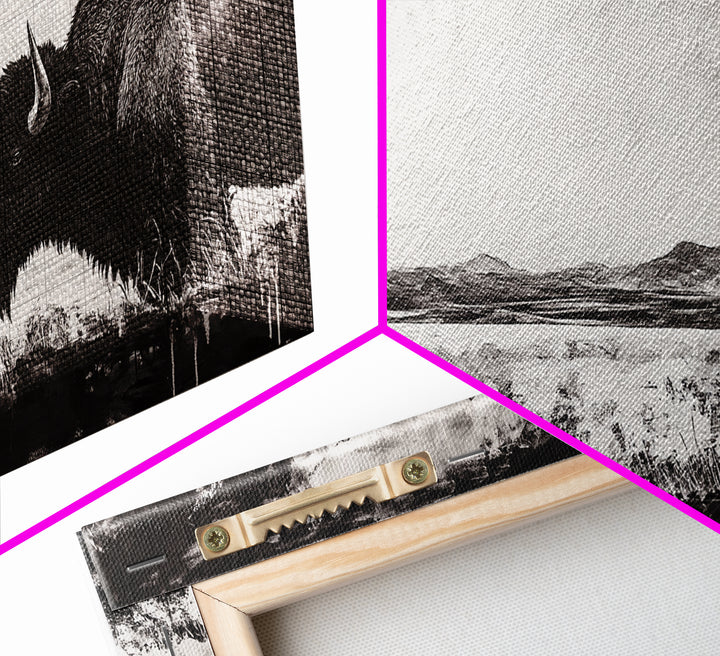 Bison Landscape, Western Art, Black and White Buffalo, Rustic Home Decor, Southwestern Wall Art, Nature Artwork, Framed Canvas Print