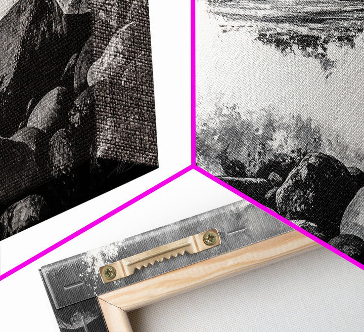 Rocky Shore, Powerful Ocean Waves, Dramatic Black and White Seascape, Coastal Home Decor, Framed Canvas Print, Living Room Accent