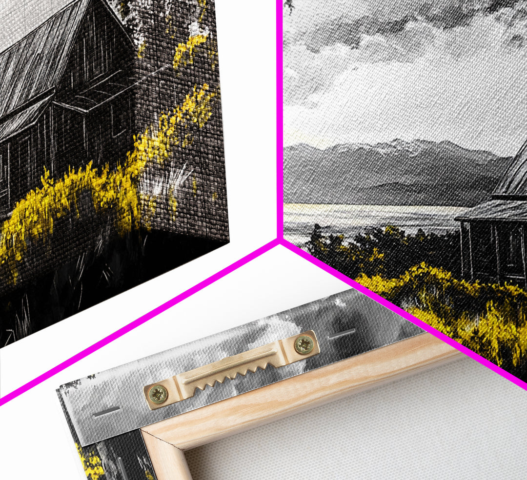 Rustic Cabin, Lake View, Black White Yellow, Large Canvas Print, Country Landscape, Farmhouse Wall Art, Living Room Decor, Framed Artwork