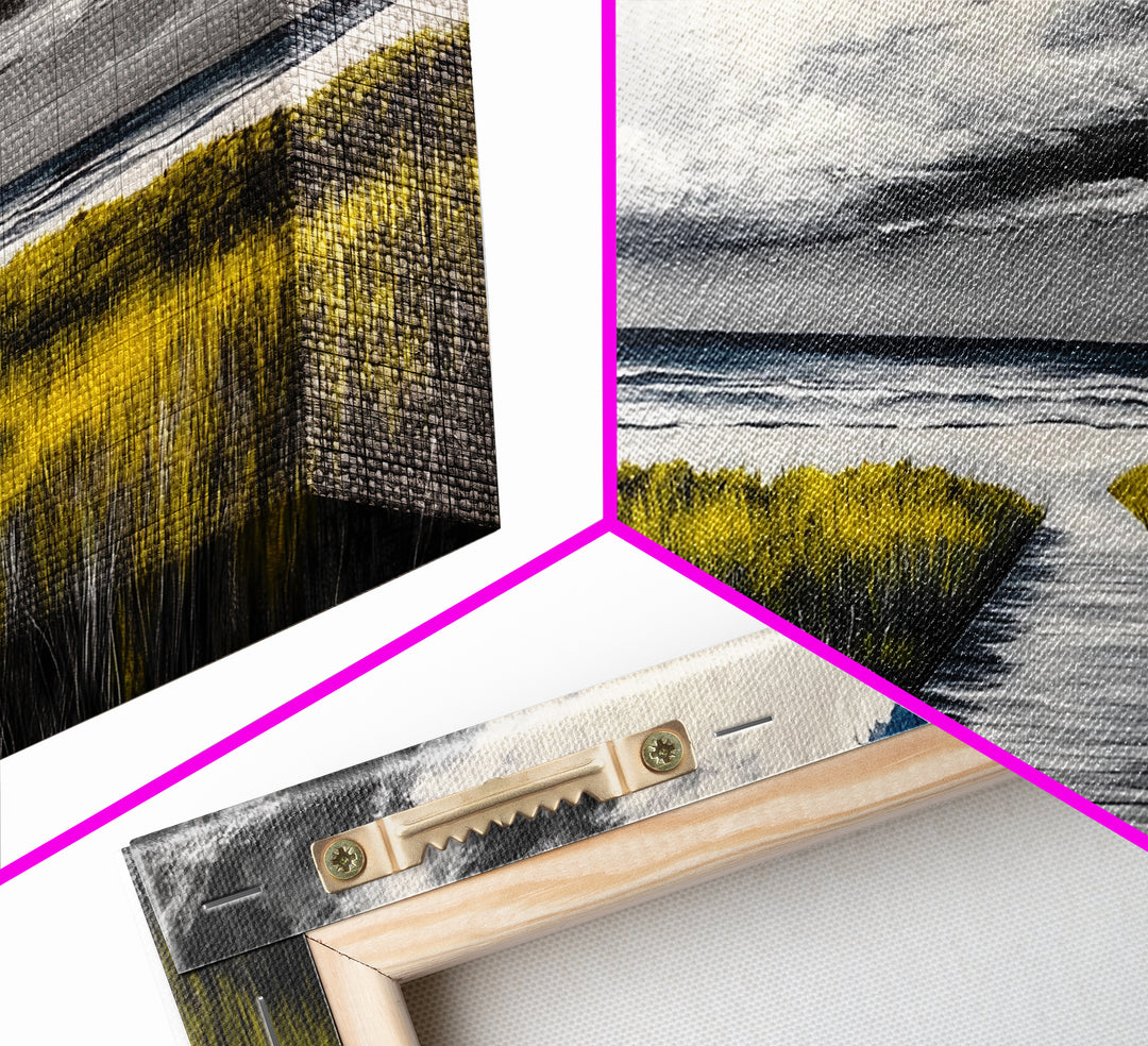 Beach Boardwalk, Coastal Landscape, Black and White Seascape, Nautical Decor, Living Room Artwork, Beach House Scene, Framed Canvas Print