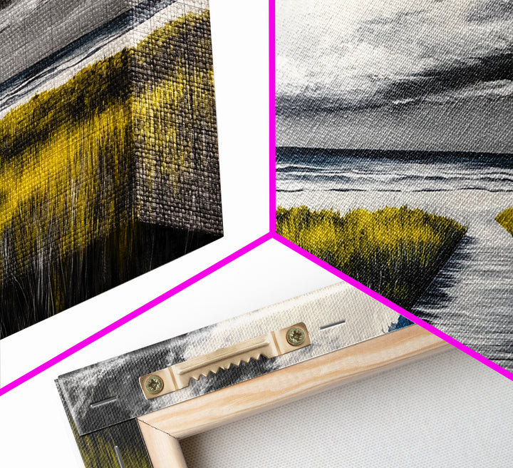 Beach Boardwalk, Coastal Landscape, Black and White Seascape, Nautical Decor, Living Room Artwork, Beach House Scene, Framed Canvas Print