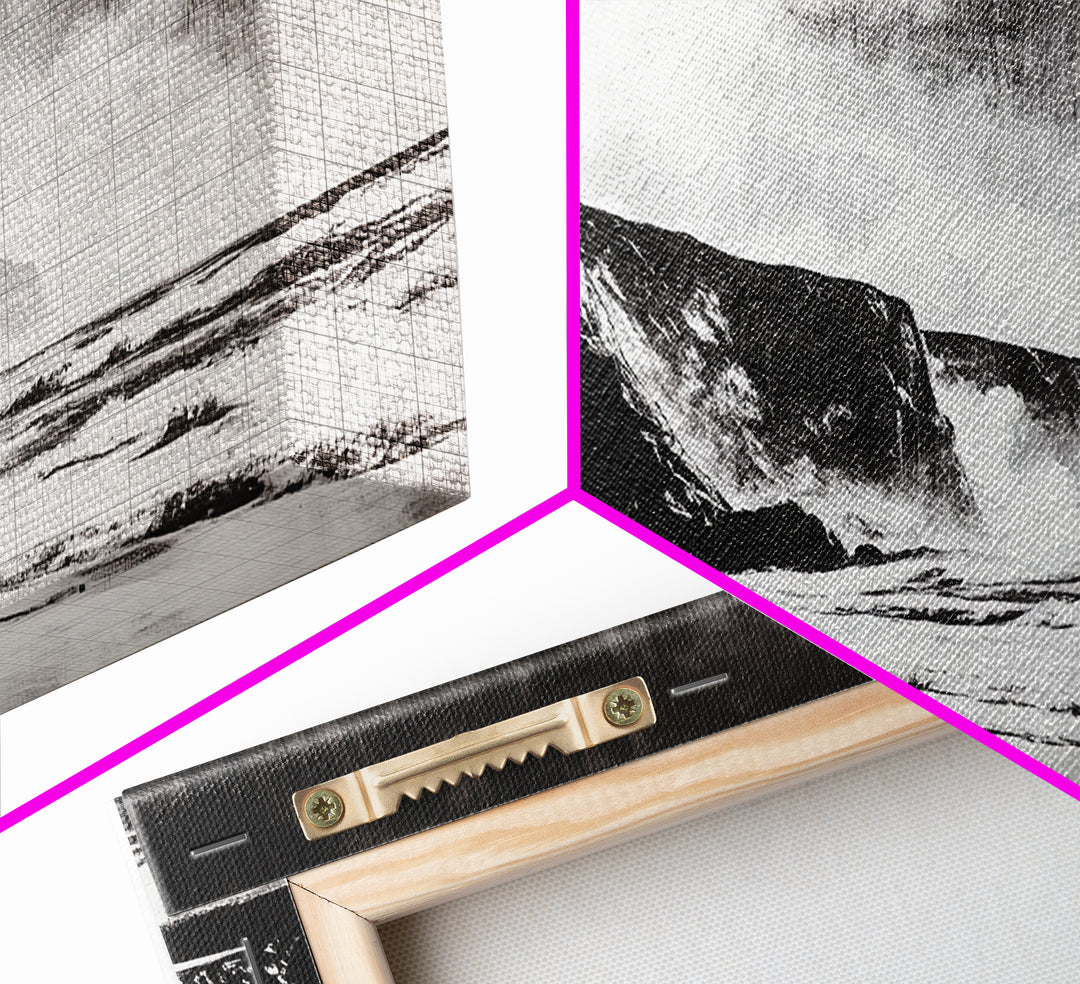 Cliffside Beach, Dramatic Seascape View, Framed Canvas Print, Black and White Art, Minimalist Decor, Bedroom Wall Art, Coastal Aesthetic