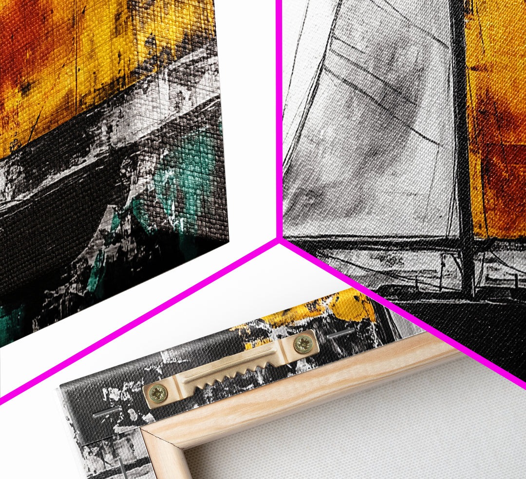 Abstract Sailboat, Nautical Canvas Print, Modern Minimalist Wall Art, Coastal Home Decor, Black and White Painting, Living Room Art