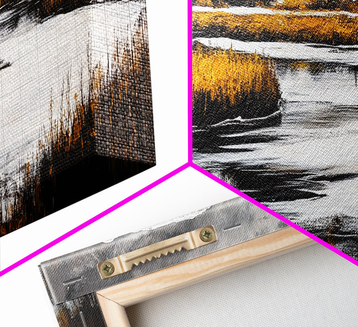 Autumn Landscape, Rustic River Scene, Golden Fields, Nature Wall Art, Farmhouse Style, Cabin Decor, Warm Tones, Framed Canvas Print