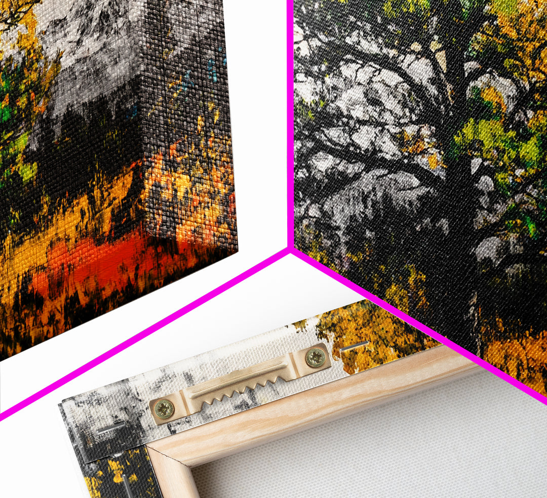 Autumn Tree Art, Mountain Landscape Painting, Fall Wall Decor, Nature Lover Gift, Framed Canvas Print, Rustic Cabin Home Accent