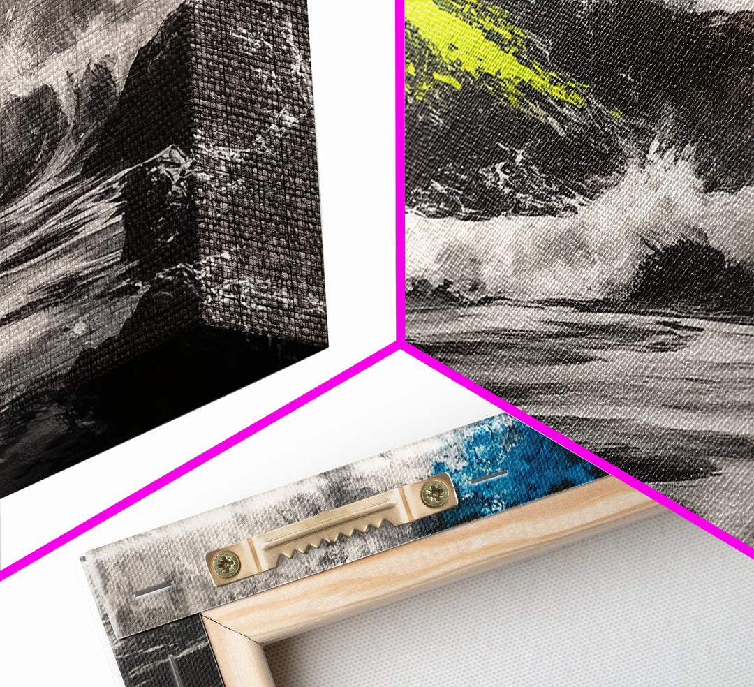 Wild Waves, Ocean Storm, Dramatic Seascape, Coastal Art, Beach House Decor, Framed Canvas Print, Black and White Wall Art, Nature Painting