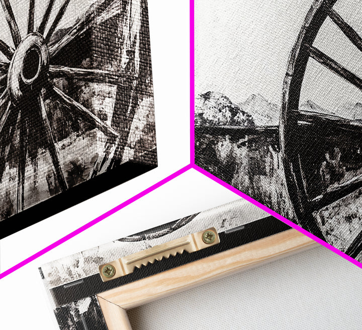 Wagon Wheel, Mountain Landscape, Black and White Western Art, Rustic Home Decor, Framed Canvas Print, Farmhouse Living Room Art