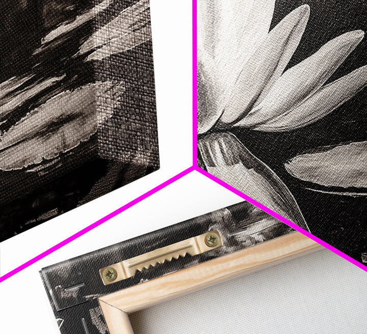 Lotus Flower, Black and White Botanical Art, Zen Wall Decor, Nature Painting, Minimalist Canvas Print, Bedroom Meditation Art