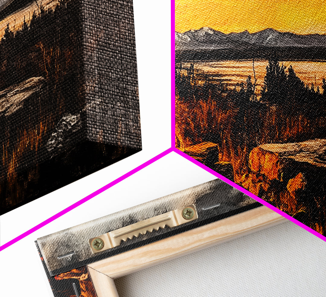 Campfire, Mountain Art, Sunset Landscape, Wilderness Print, Outdoor Wall Art, Adventure Home Decor, Cabin Wall Art, Framed Canvas Print