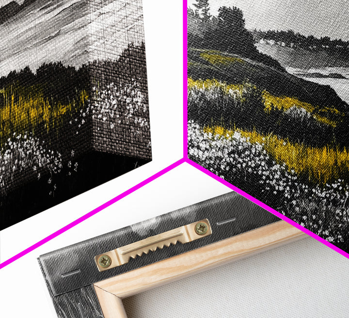 Coastal Meadow, Floral Landscape, Beach Painting, Black and White Art, Nature Wall Decor, Minimalist Art, Framed Canvas Print, Gift Idea