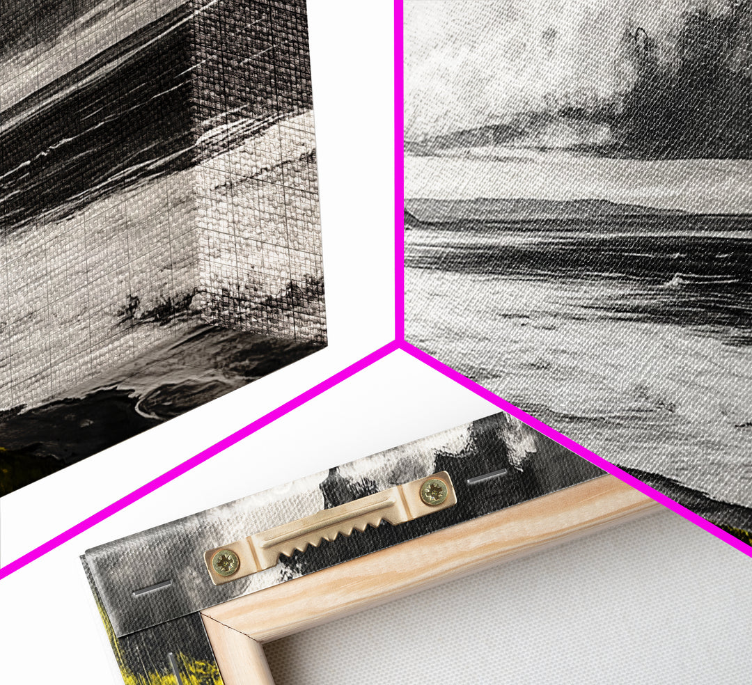 Coastal Horizon, Ocean Beach Art, Black and White Wall Decor, Dramatic Sky, Yellow Grass, Modern Landscape, Serene View, Framed Canvas Print