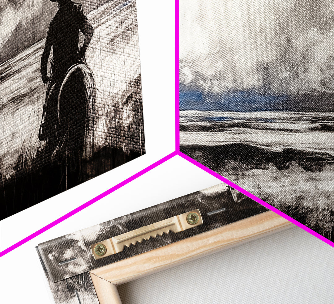 Cowboy Horizon, Western Landscape, Rustic Horse Rider, Framed Canvas Print, Southwestern Home Decor, Black and White Wall Art
