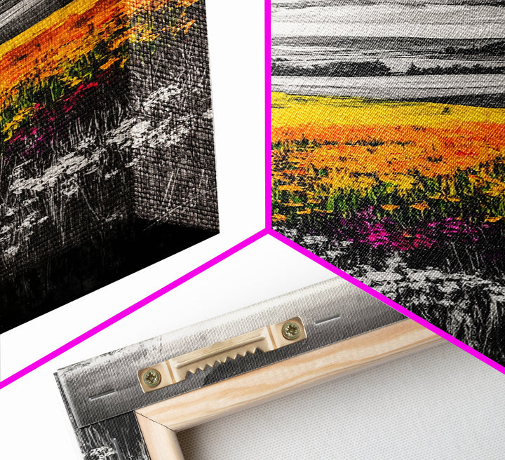 Black White Landscape, Yellow Wildflower Field, Nature Wall Art, Rustic Farmhouse Art, Country Home Decor, Office Art, Framed Canvas Print