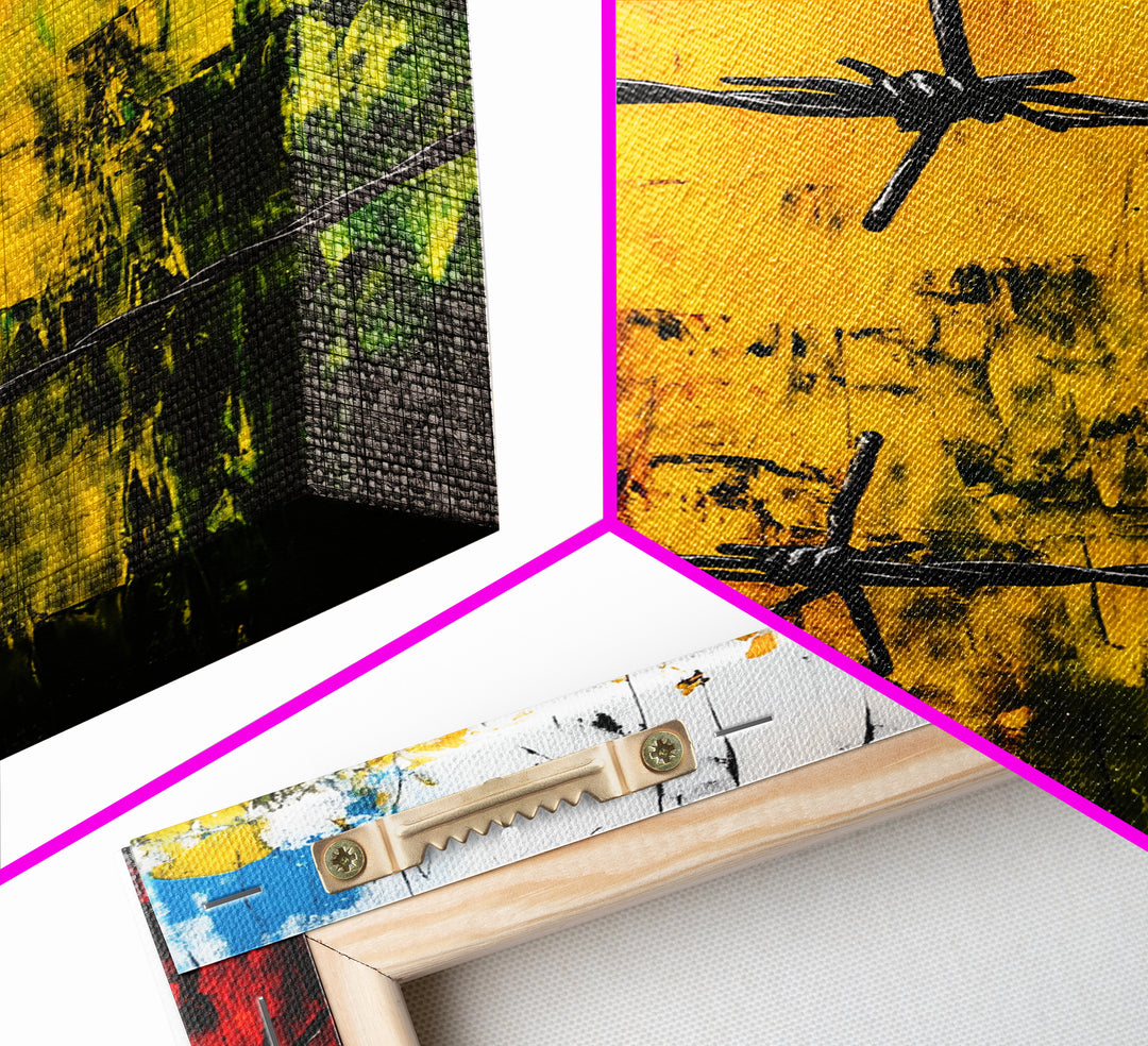 Barbed Wire Wall Art, Red Yellow Green, Bold Abstract Painting, Modern Industrial Decor, Statement Piece, Office Wall Art, Canvas Print
