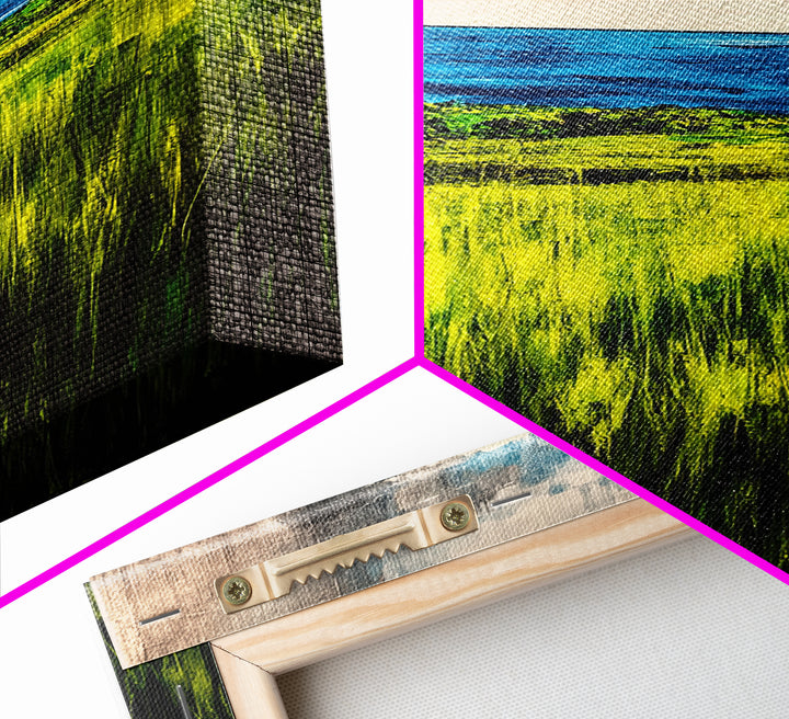 Coastal Landscape, Ocean View, Green Fields, Framed Canvas Print, Serene Wall Art, Nature Inspired, Tranquil Beach Decor, Modern Art