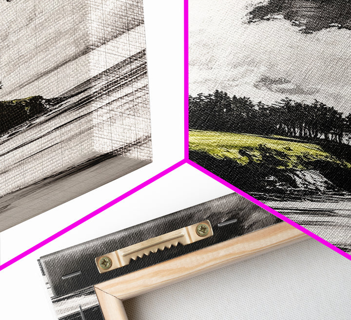 Coastal Cliffs, Black and White Landscape, Moody Sky Painting, Rustic Nature Wall Art, Office Decor, Framed Canvas Print