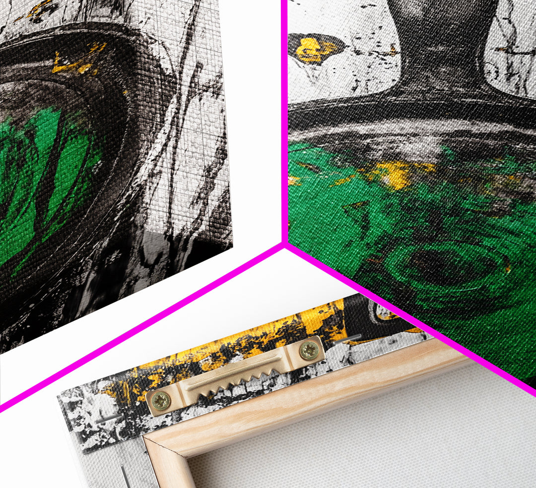 Abstract Frying Pan, Rustic Kitchen Art, Modern Industrial Wall Decor, Black Yellow Green Art, Unique Foodie Gift, Canvas Print