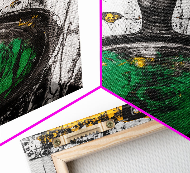 Abstract Frying Pan, Rustic Kitchen Art, Modern Industrial Wall Decor, Black Yellow Green Art, Unique Foodie Gift, Canvas Print