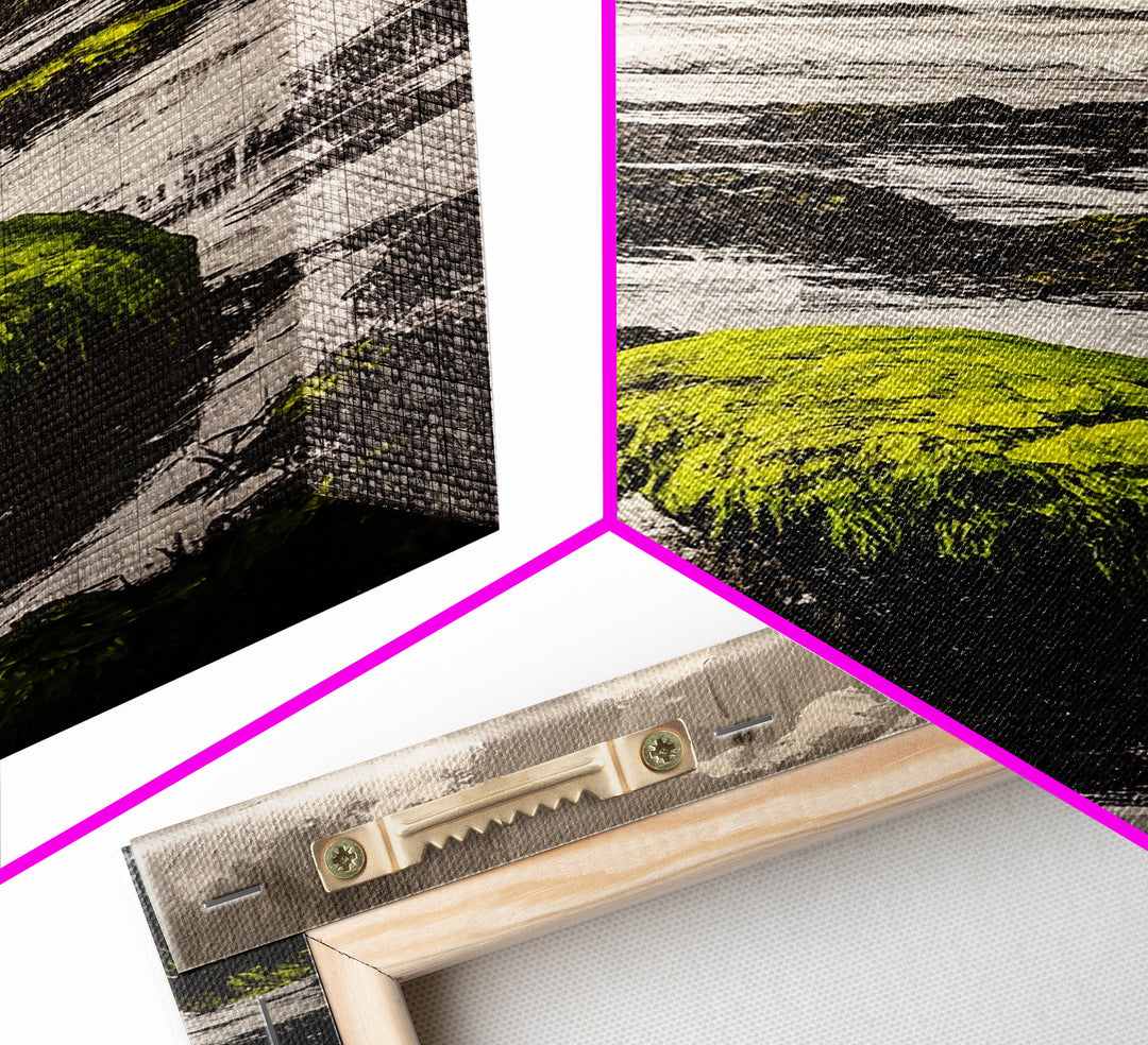 Coastal Rocks, Mossy Shore, Framed Canvas Print, Ocean Landscape, Beach House Wall Art, Nautical Decor, Green Nature, Relaxing Art