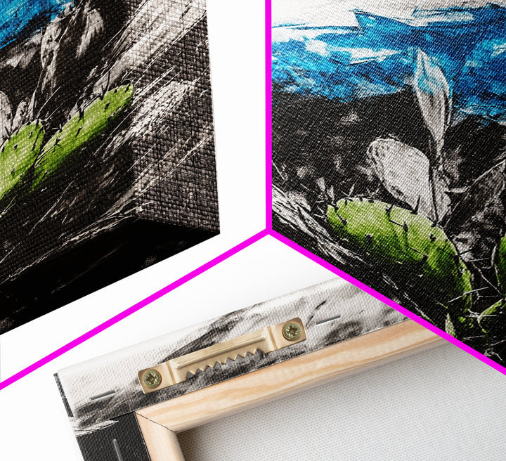 Desert Cactus Painting, Blue Sky Black White, Framed Canvas Print, Modern Southwest Art, Rustic Wall Decor, Minimalist Nature Art