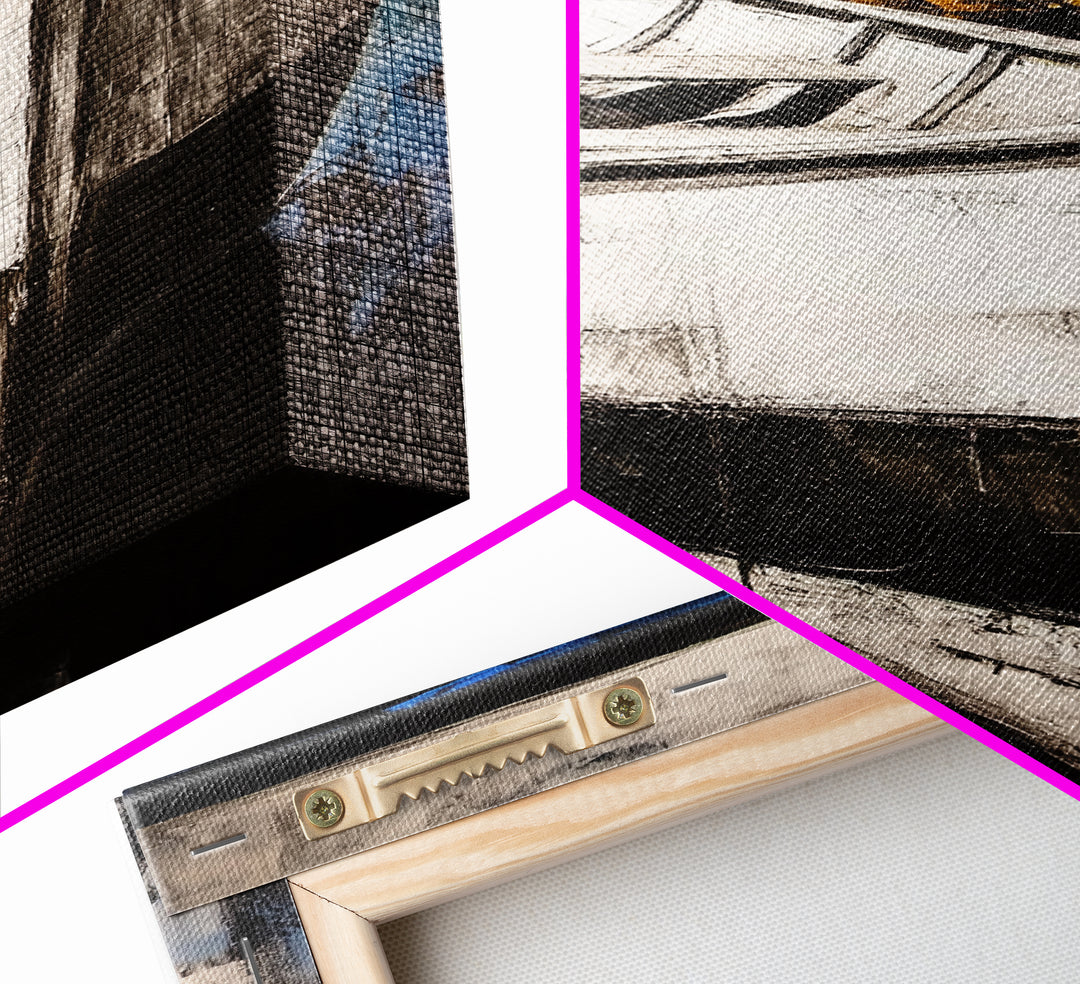 Coastal Rowboat, Black and White Boat Painting, Nautical Seascape Art, Rustic Beach House Decor, Framed Canvas Print, Bedroom Art