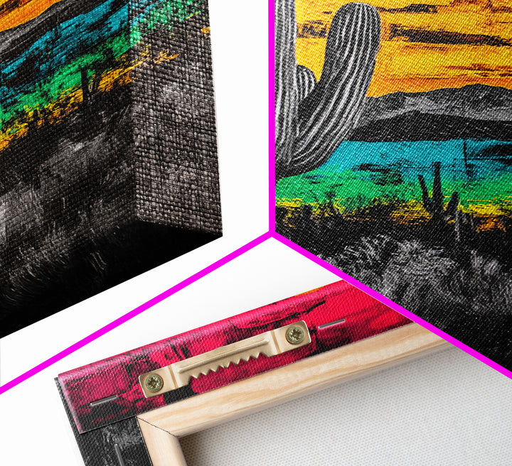 Desert Cactus, Vibrant Sunset Southwest Painting, Bold Desert Art, Framed Canvas Print, Western Home or Office Wall Decor