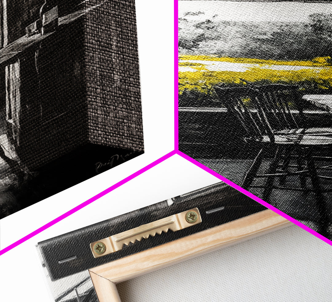 Rustic Cabin View, Black and White with Yellow Accents, Cozy Country Home Art, Framed Canvas Print, Living Room or Dining Room Decor