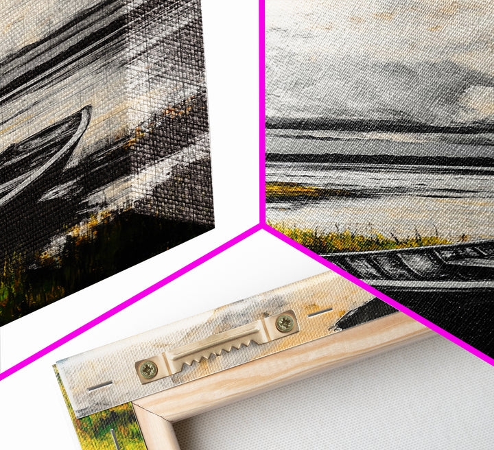 Rowboat Reflection, Rustic Lake Art, Black and White Boat Print, Tranquil Nature Scene, Living Room Wall Decor, Nautical Canvas Print