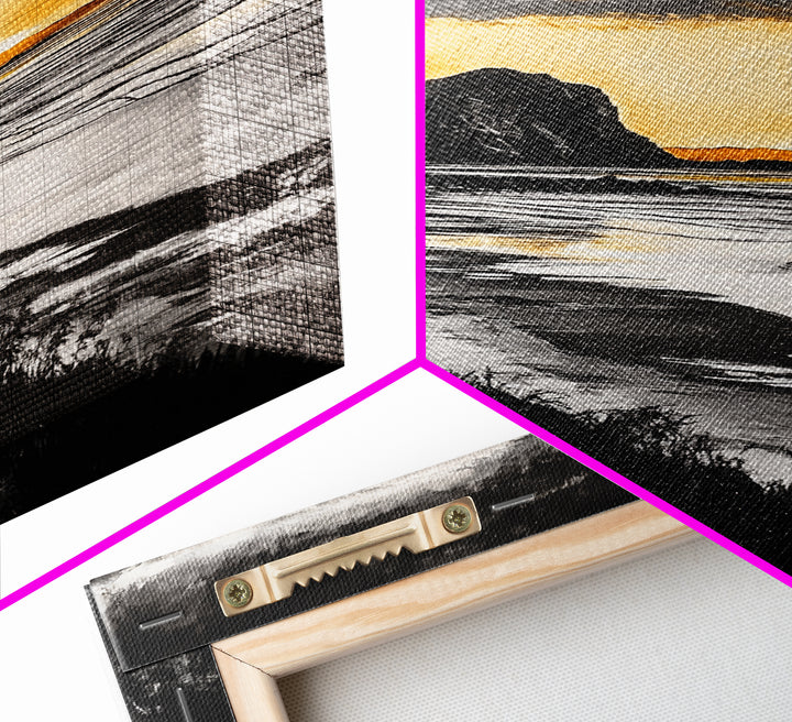 Cliffside Sunset, Golden Sky, Coastal View, Seascape, Framed Canvas Print, Modern Wall Art, Office Decor, Dramatic Landscape