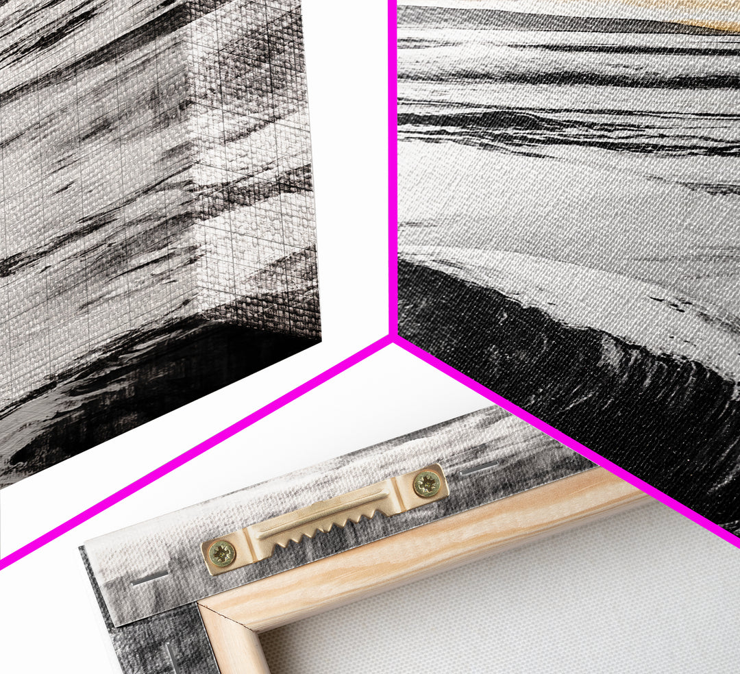 Rocky Beach, Sunset Landscape, Black White Gold, Framed Canvas Print, Coastal Wall Art, Nature Painting, Serene Home Decor