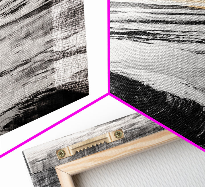 Rocky Beach, Sunset Landscape, Black White Gold, Framed Canvas Print, Coastal Wall Art, Nature Painting, Serene Home Decor