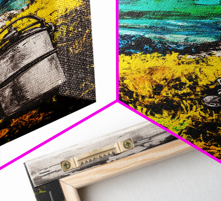 Coastal Lantern, Ocean Shore, Yellow Blue Art, Framed Canvas Print, Nautical Wall Art, Beach House Decor, Rustic Modern Art