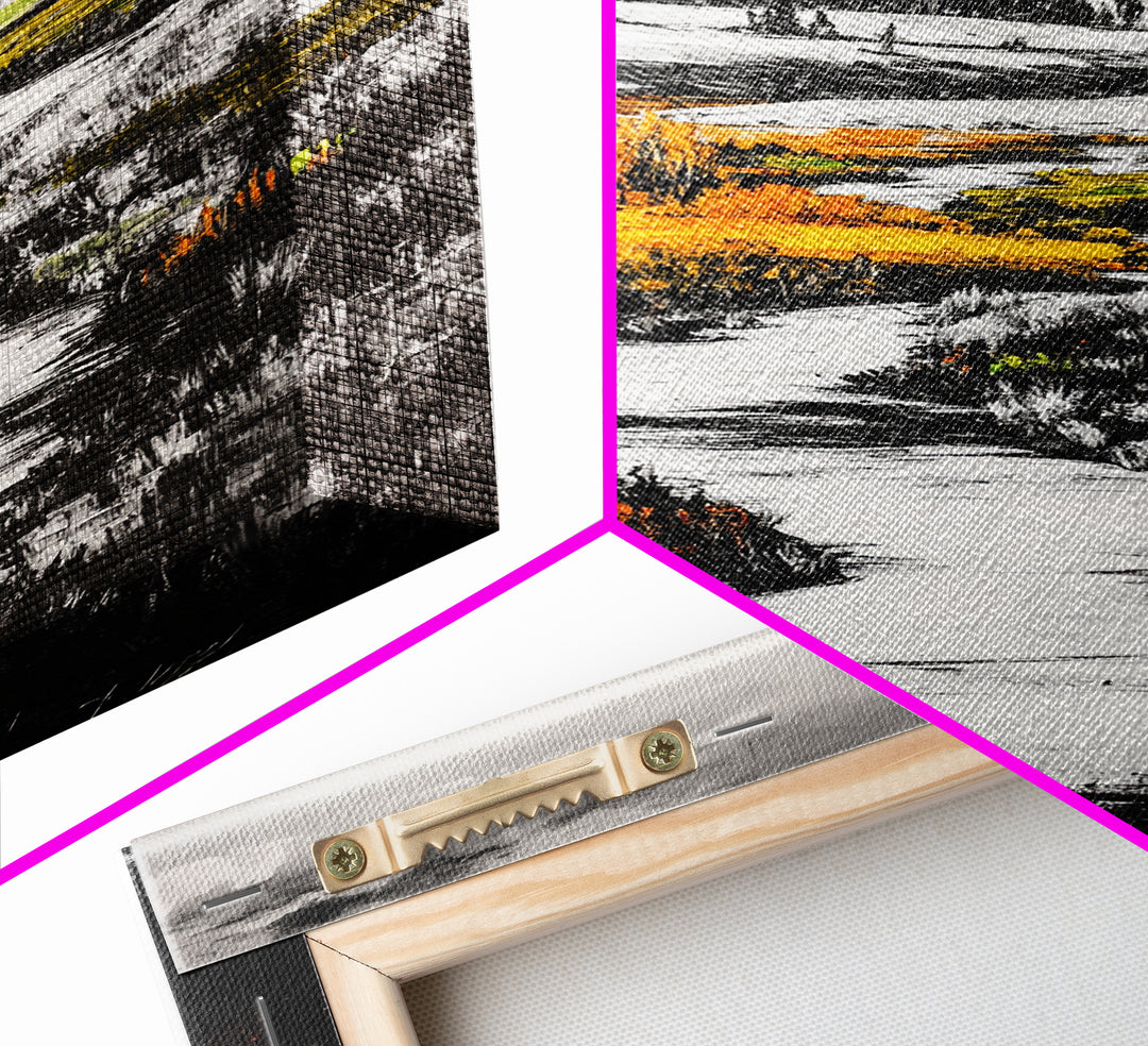 Autumn River, Fall Landscape, Black White Orange, Framed Canvas Print, Nature Wall Art, Cabin Decor, Rustic Home Painting