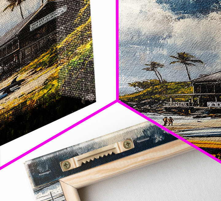 Beach Surf Shack, Tropical Art, Coastal Wall Decor, Nautical Framed Canvas Print, Surfing Gift, Ocean Sunset, Living Room Art