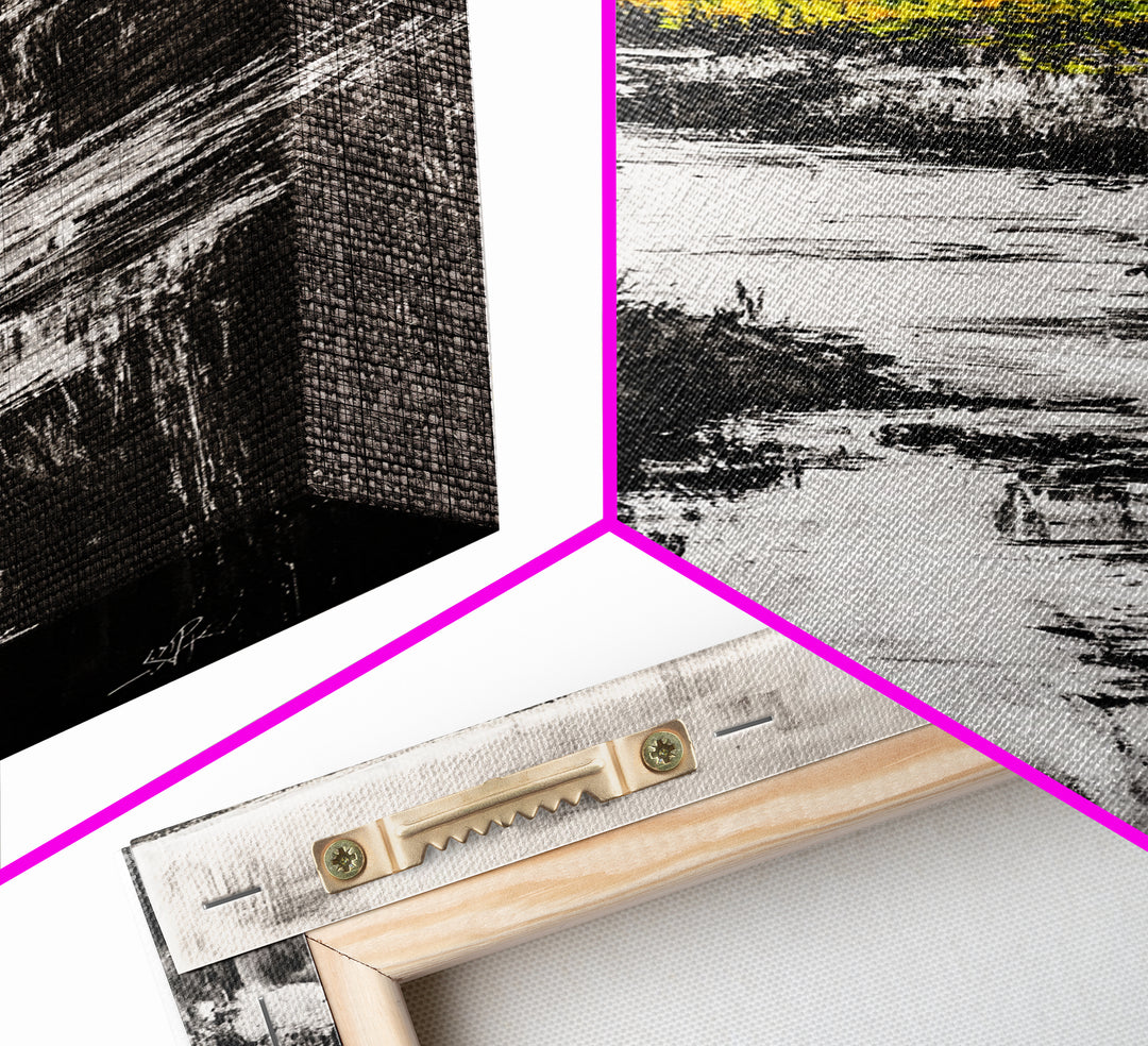 Black White Landscape, Yellow Trees, River Stream Art, Rustic Farmhouse Decor, Modern Nature Wall Art, Bedroom Wall Decor, Canvas Print