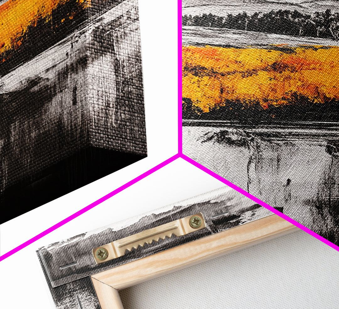 Autumn Mountain Scene, Yellow Trees Reflection, Black White Landscape, Rustic Cabin Art, Cozy Fall Wall Decor, Framed Canvas Print