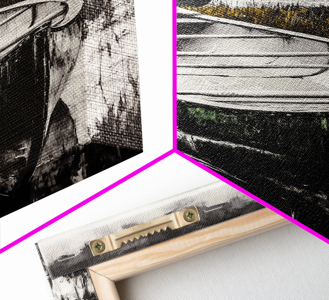 Canoe on Water, Lakeside Reflection, Framed Canvas Print, Nature Art, Cabin Wall Decor, Black and White Landscape, Serene Home Accent