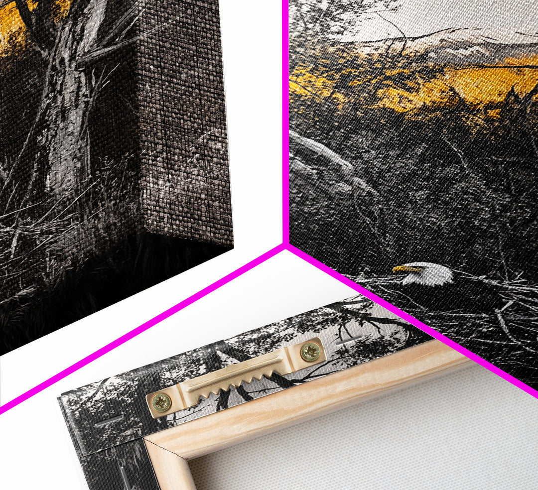 Bald Eagle Nest Art, Black White Forest, Yellow Fall Trees, Wildlife Nature Decor, Rustic Lodge Wall Art, Living Room Art, Canvas Print