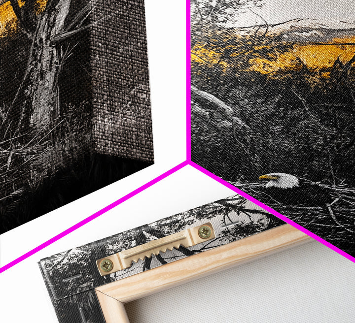 Bald Eagle Nest Art, Black White Forest, Yellow Fall Trees, Wildlife Nature Decor, Rustic Lodge Wall Art, Living Room Art, Canvas Print