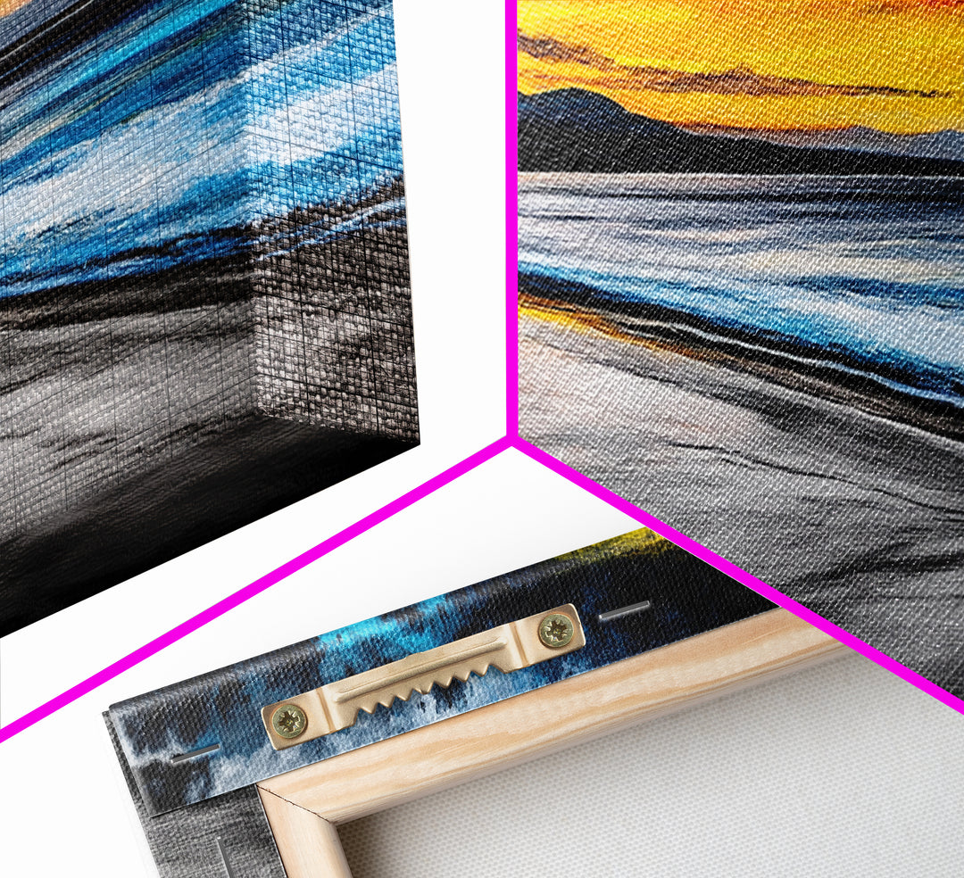 Dramatic Beach Sunset, Golden Coastal Painting, Moody Ocean Wall Art, Vibrant Seascape Print, Tropical Home Decor, Framed Canvas Print