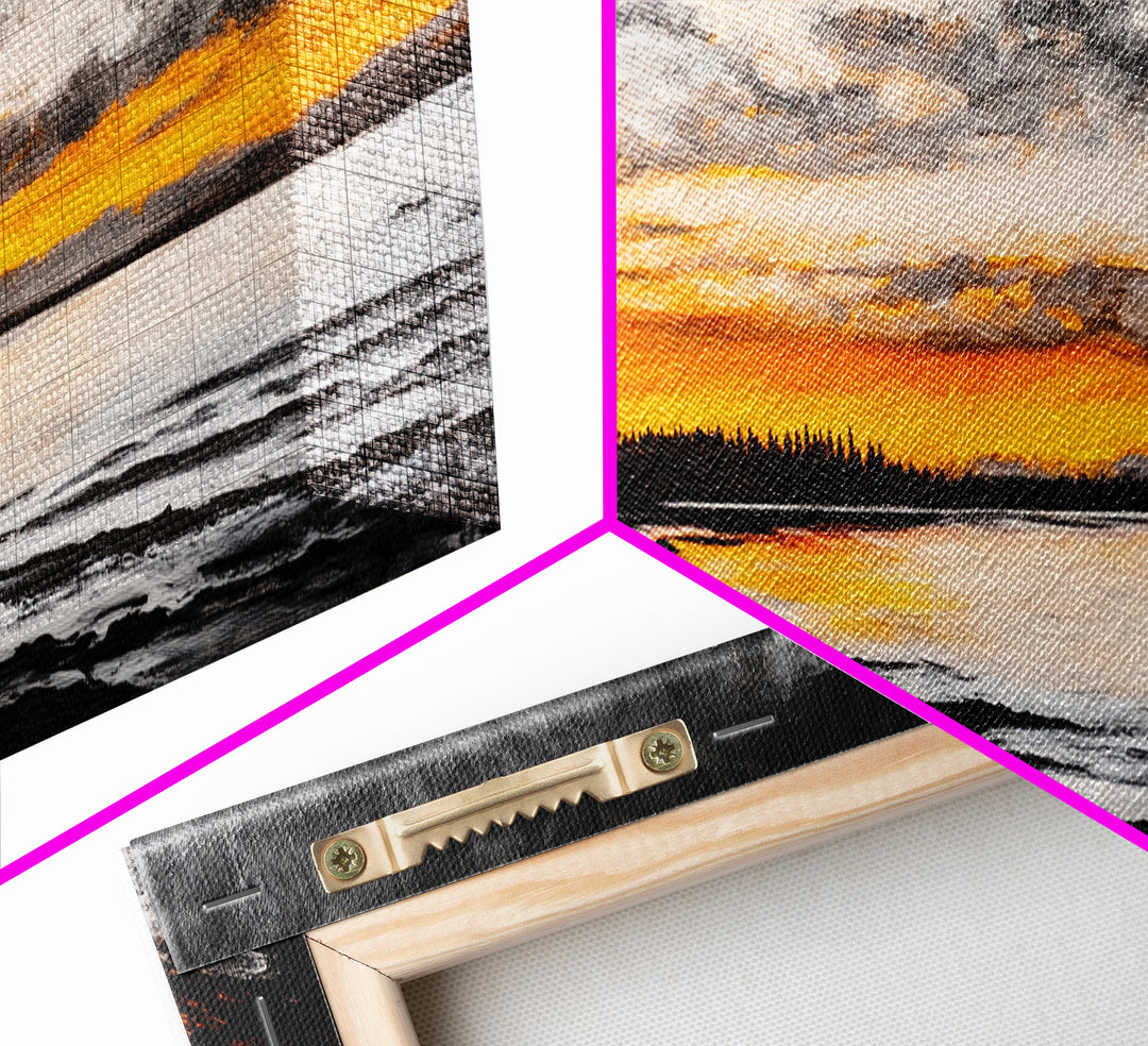 Campfire by Lake, Sunset Landscape Art, Cozy Rustic Print, Fall Wall Decor, Outdoor Adventure Canvas Print, Framed Canvas Print