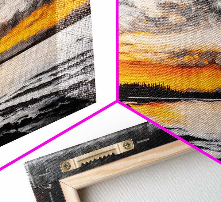 Campfire by Lake, Sunset Landscape Art, Cozy Rustic Print, Fall Wall Decor, Outdoor Adventure Canvas Print, Framed Canvas Print