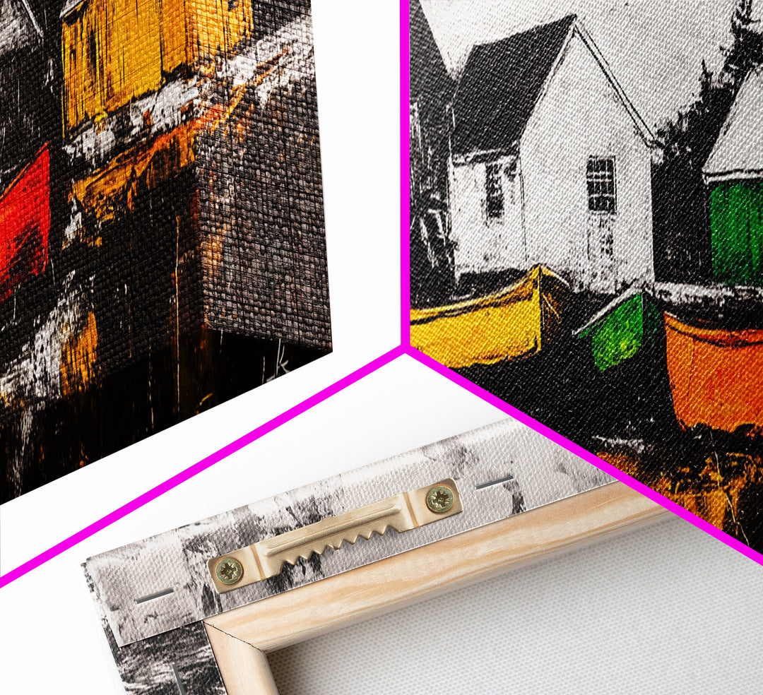 Coastal Village, Nautical Wall Art, Boat Painting, Framed Canvas Print, Beach House Decor, Seaside Landscape, Maritime Theme