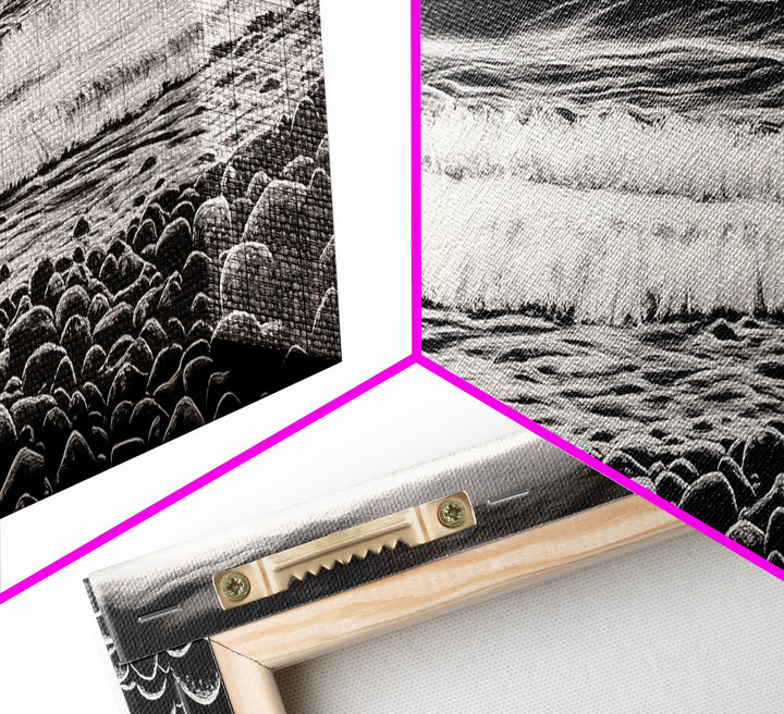 Black and White, Pebble Beach, Monochrome Ocean Art, Coastal Canvas Print, Minimalist Wall Art, Living Room Decor, Framed Canvas Print